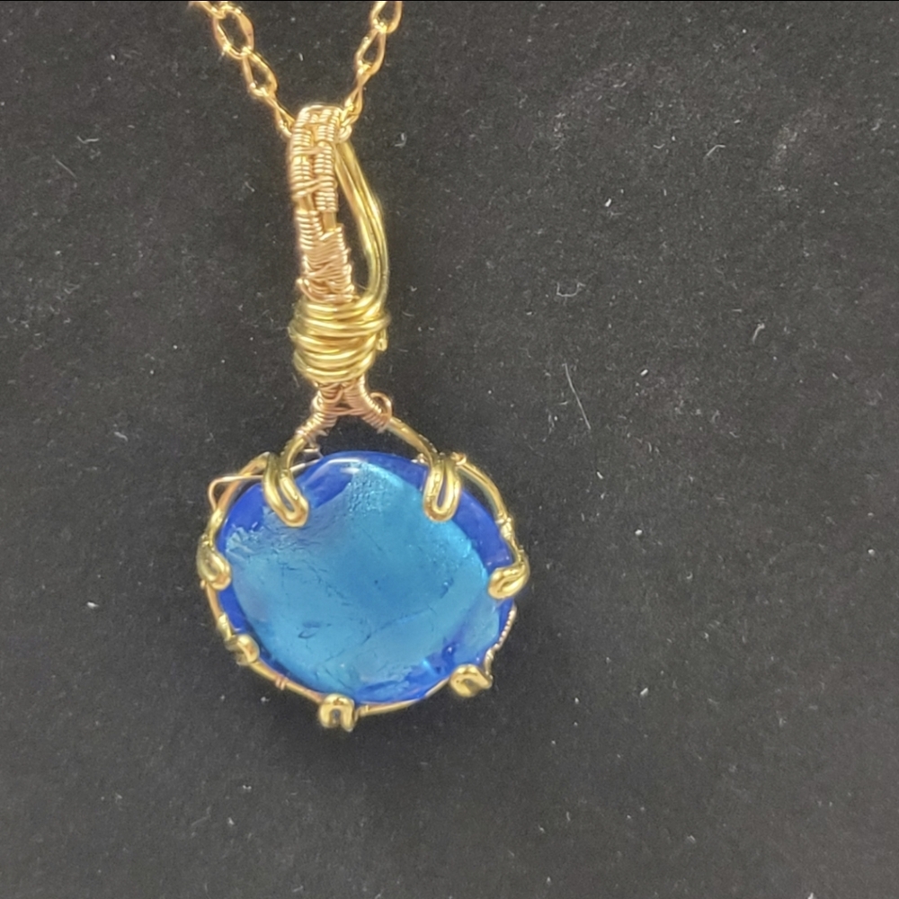 Handcrafted Gold Wire Wrapped and Blue Cabochon Stone Necklace